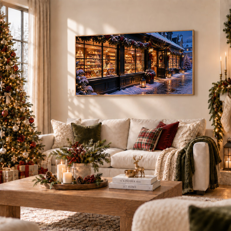 «Snowy Bakery», art mural sur toile avec pâtisseries et Noël, 40“W x 20”H