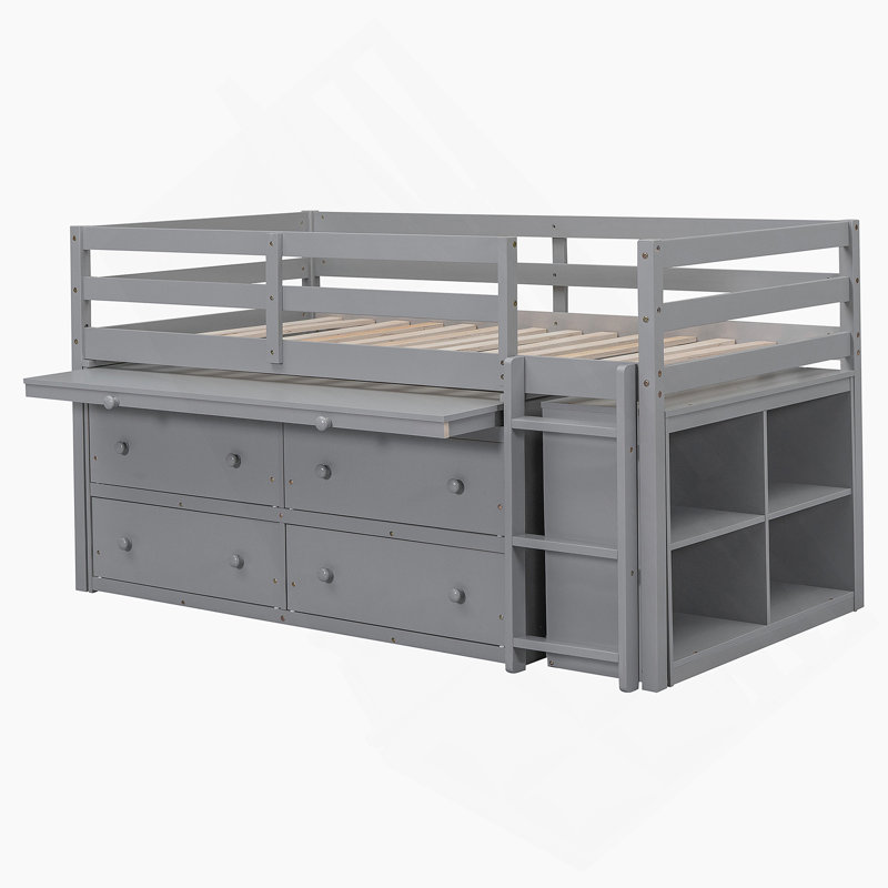 Lit mezzanine avec bureau d'écriture rétractable Kehlanie, Simple, Gris