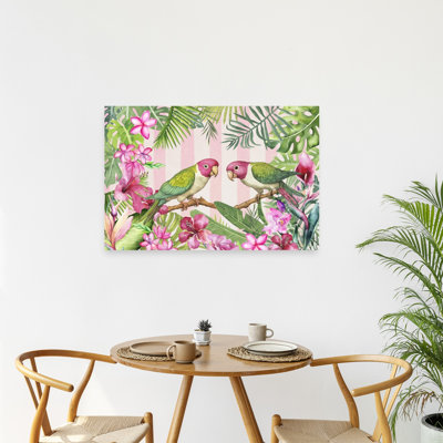 Tropical Parrot Pair Vibrant Abstract Bird Hibiscus Orchid Flower Nature Wall Art Print 1 Piece Wrapped Canvas Wall Art