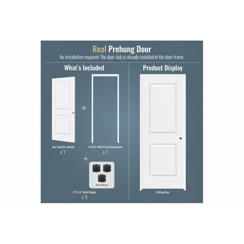 Aucun assemblage requis Porte pré-suspendue en bois blanc à noyau creux apprêté à 2 panneaux avec cadre, 34" x 96", Left