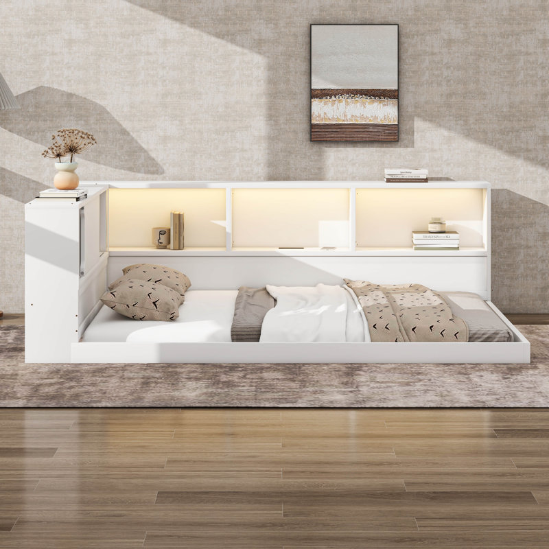 Lit d'angle grand lit avec tablettes, lit de jour en bois grand format avec DEL, structure de lit de jour en forme de L