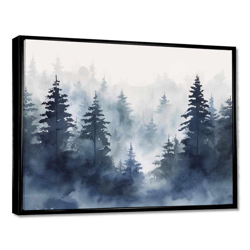 «Dark Blue Forest Skyline Watercolor - Forest», reproduction d'art murale, Toile avec cadre flottant brun