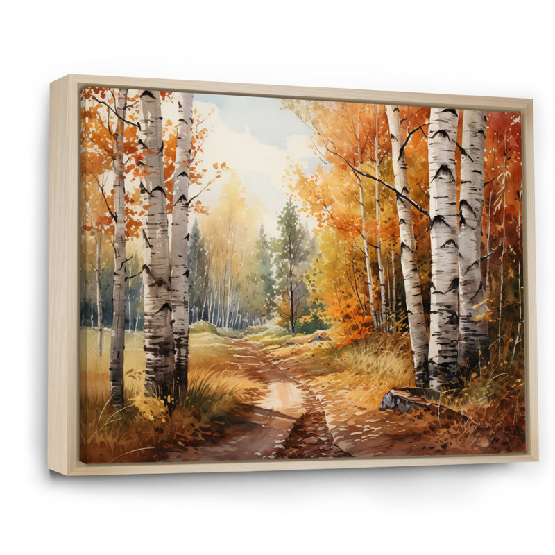 Birch Woods Gilded Pathway III sur toile, H 24 po x l 32 po x P 1 po, Cadre flottant brun