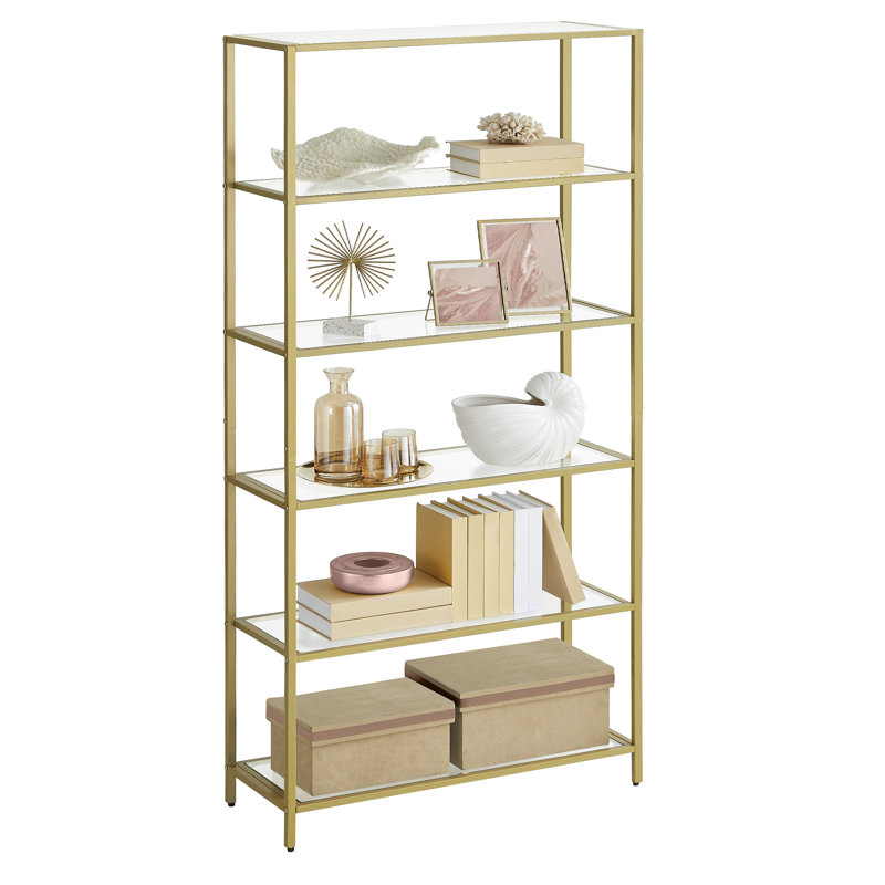 Agosti Stainless Steel Etagere Bookcase, Clear/Metallic Gold, (6 Shelves) 69.8" H x 15.7" W