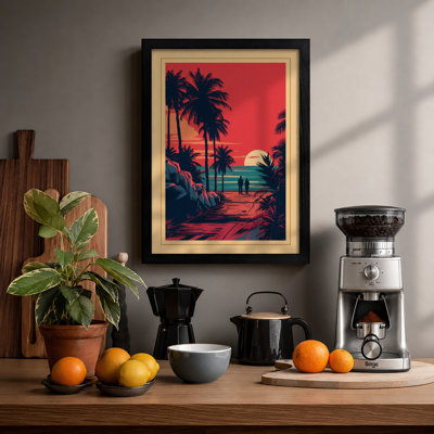 Tropical Sunset Palms Retro - Framed Print
