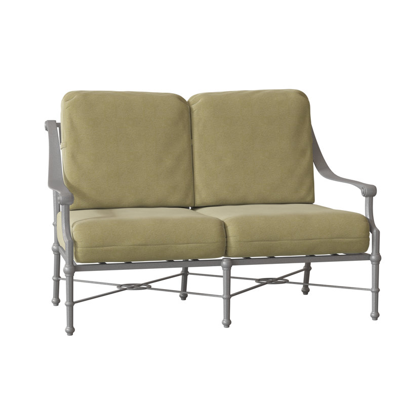 Delphi 55'' Wide Metal Loveseat with Cushions, Weathered White, Hedge Flannel Sunbrella® Flannel