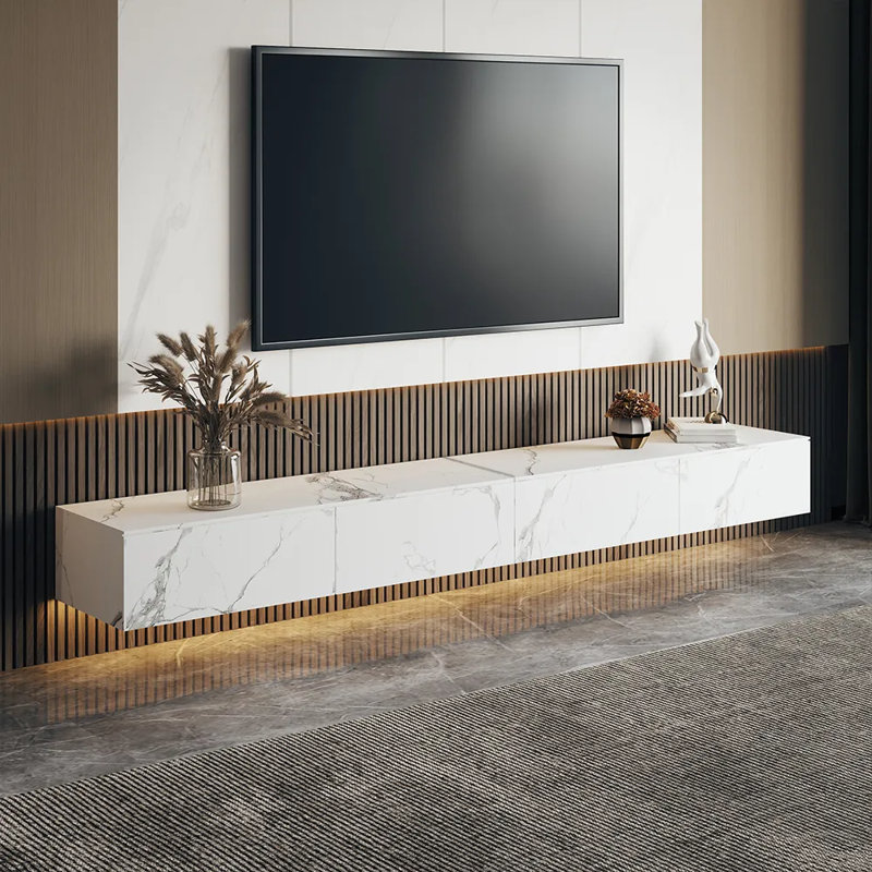 Herschmann Modern Floating TV Stand, Faux Marble Wall-Mounted Media Console, 86", White