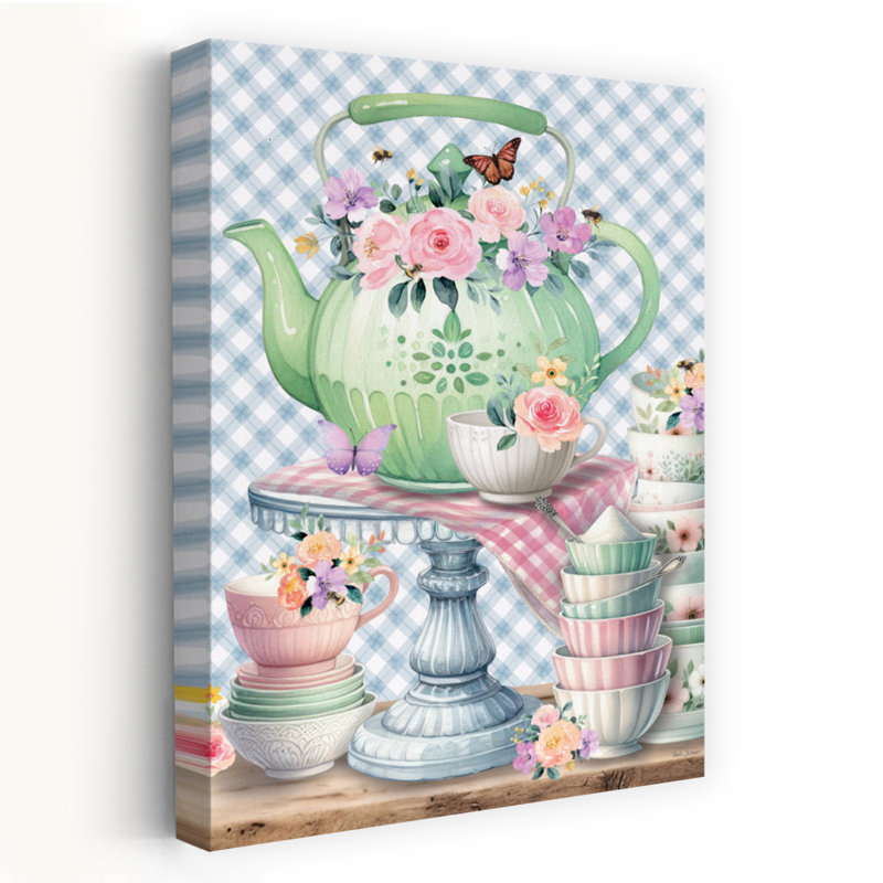 Dans la cuisine, théière et tasses, art floral contemporain, H 48 po x l 32 po