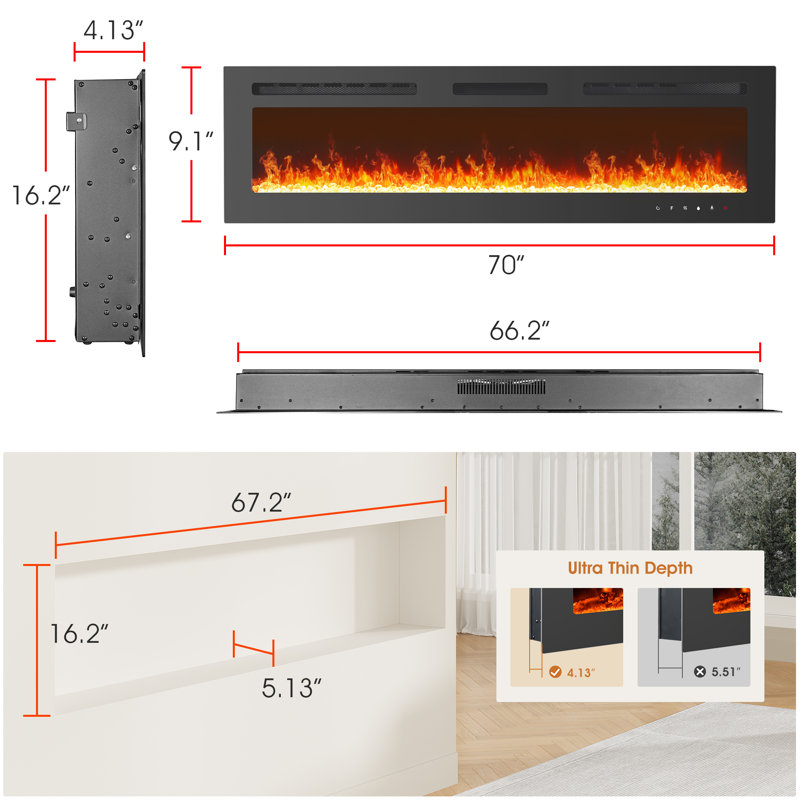 Adrine Recessed and Wall-Mounted Electric Fireplace with Touch Screen, 17" H x 70" W x 4.13" D