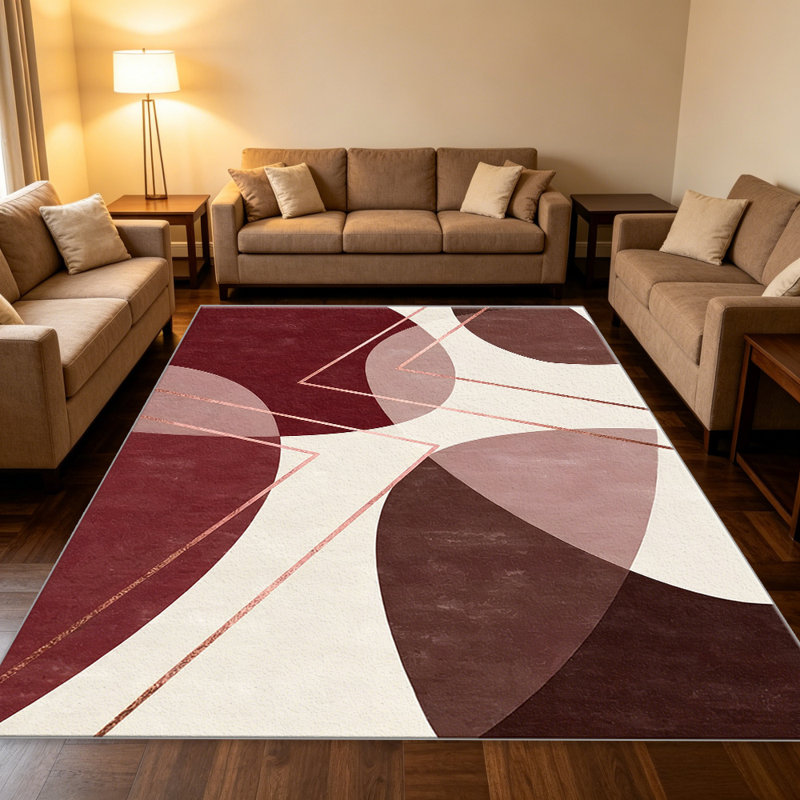 Burgundy Rose Gold Abstract Geometric carpet-easy to clean, machine-washable, soft and comfortable; suitable for door mats, kitchens, living rooms, bedrooms, corridors, and laundry areas. Easy to clean, durable carpet for home decoration.
