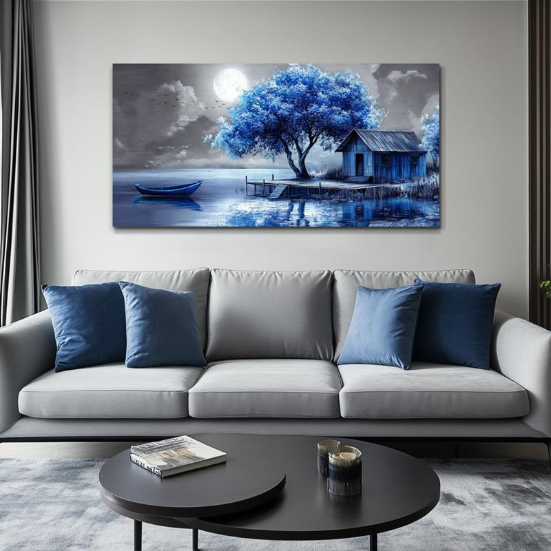 Large Wall Decor For Living Room Canvas Wall Art For Office Modern Wall Decorations For Bedroom Blue Tree Landscape Painting Abstract Pictures Artwork Room Home Decor 24X48 In