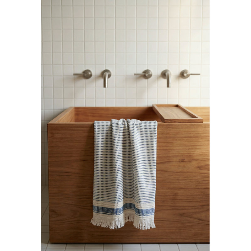 Dark Navy Striped Edge Turkish Cotton Bath Towel, Soft Green