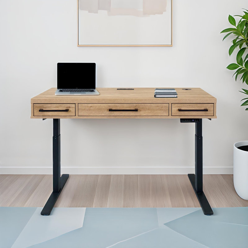 Polster Adjustable Standing Desk with Power Outlet, Light Brown/Black