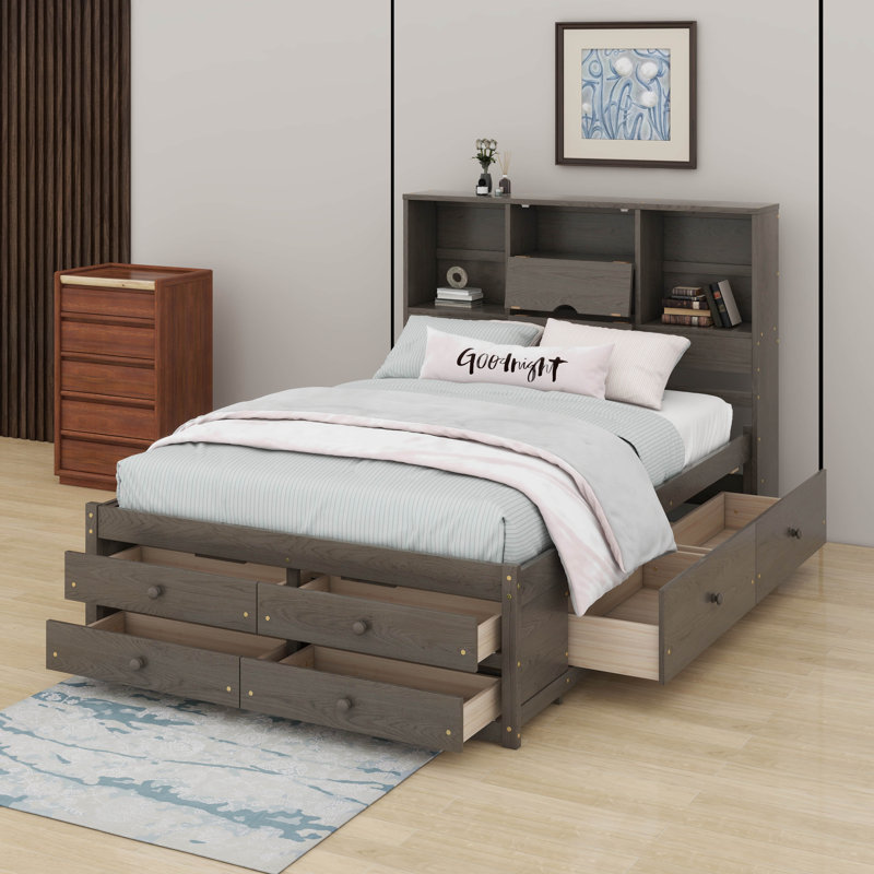 Grand lit plateforme avec tiroirs, Gris, Grand lit