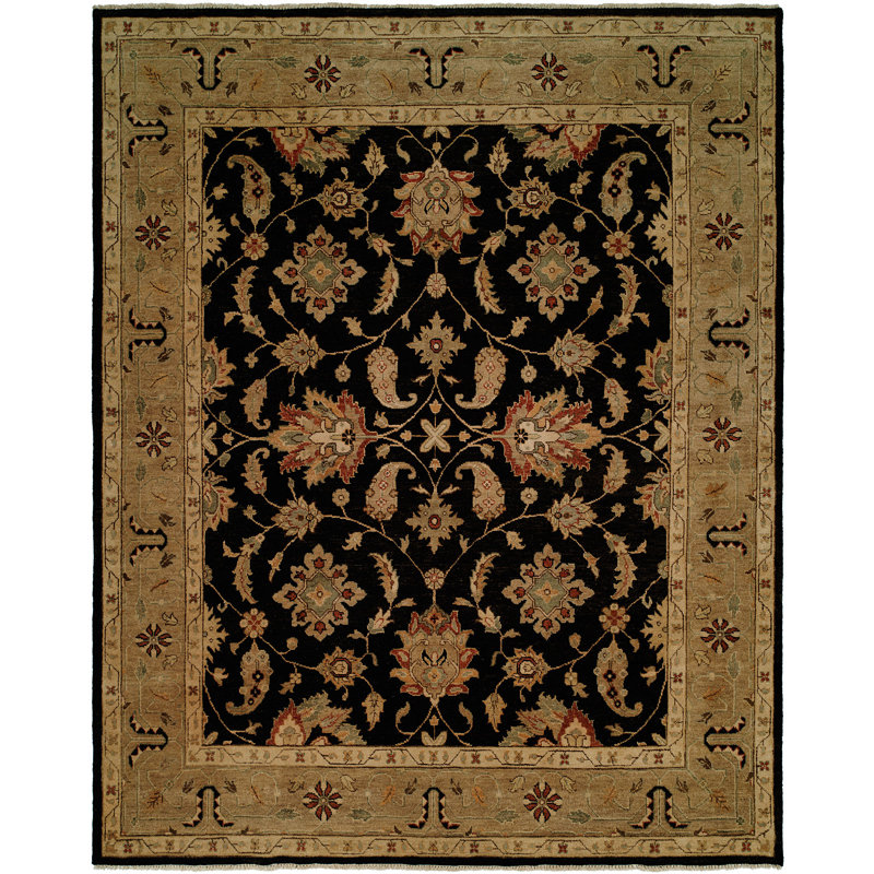 Tapis oriental en laine noué à la main noir / chameau, Rectangle 5 pi x 7 pi