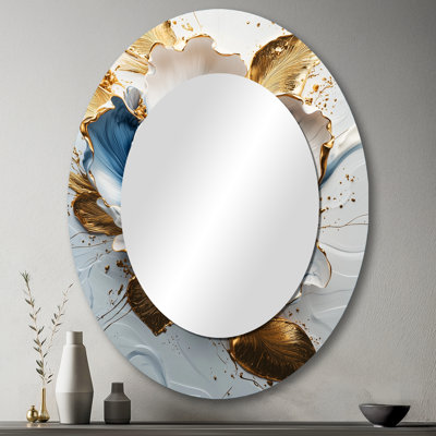 Pivoine fleurie en or et bleu - Grand miroir mural ovale sur métal