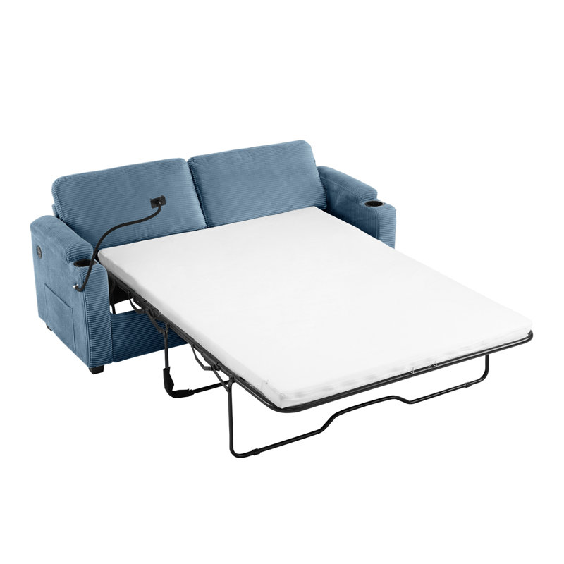 Canapé-lit 72,8 po en velours côtelé avec matelas pleine grandeur, deux ports USB, deux porte-gobelets, deux poches latérales et un support pour téléphone pour le salon, bleu marine