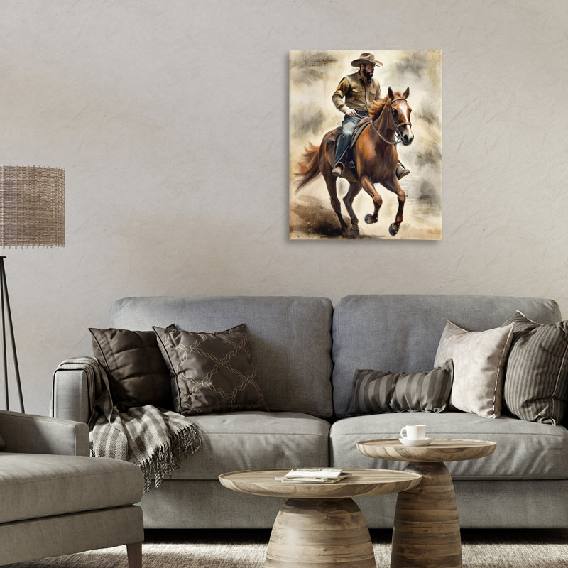 Cheval galop et toile de cowboy, design par Kim Allen, H 20 po x l 16 po