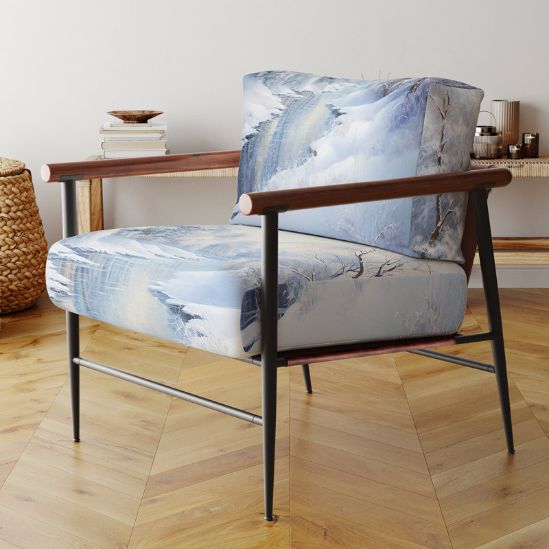 Winter River Snow Charm Landscape IV - Fauteuil rembourré scandinave, fauteuil d'appoint blanc, Noir