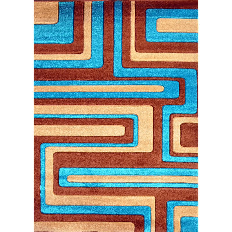 Tapis brun/bleu tissé à la machine Melfa, Tapis de couloir 2 pi 7 po x 14 pi 6 po