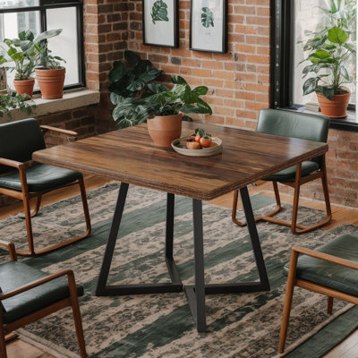 Industrial Square Dining Table for 2, Vintage Brown Kitchen Table with Black Metal Base for Small Spaces
