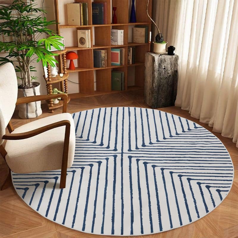 Teos - Indoor, Machine Washable Area Rug - 5'3" Round Blue Ivory Home Carpet, Round 5'3"