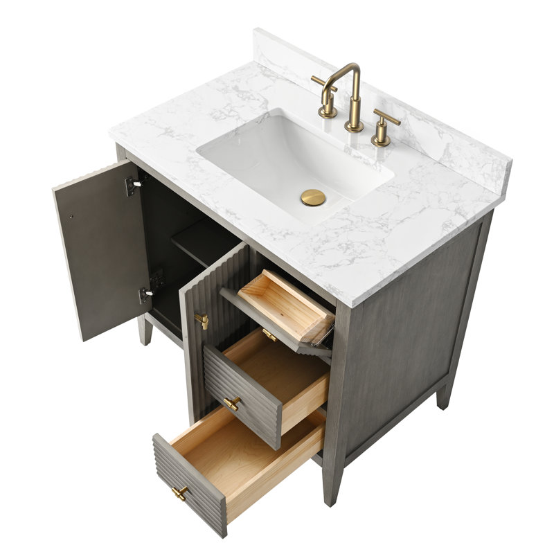 Ensemble de meuble-lavabo simple 36 po, Doré brossé, Gris flottant linéaire