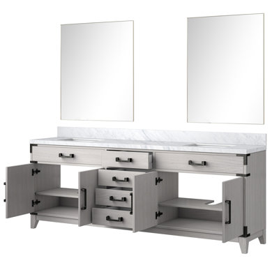 Meuble-lavabo double en chêne blanc, 213 cm de largeur x 56 cm de profondeur, plateau en marbre de Carrare et miroirs de 91 cm.