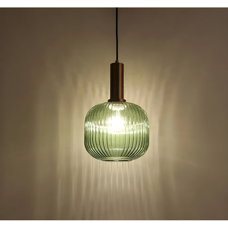 1 - Modern Gold Copper Chandelier Pendant Light – Ribbed Glass Jar Shade, LED Ceiling Light Fixture with E27 Socket, Green