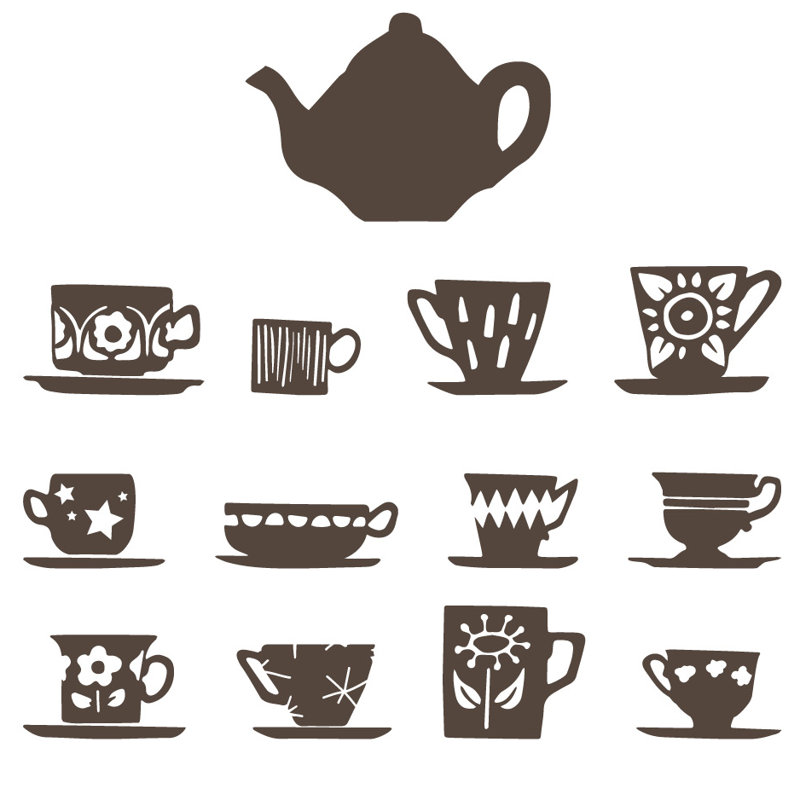 Décalcomanie murale tasses de thé, H 23 po x l 24 po x P 0,01 po, Brun
