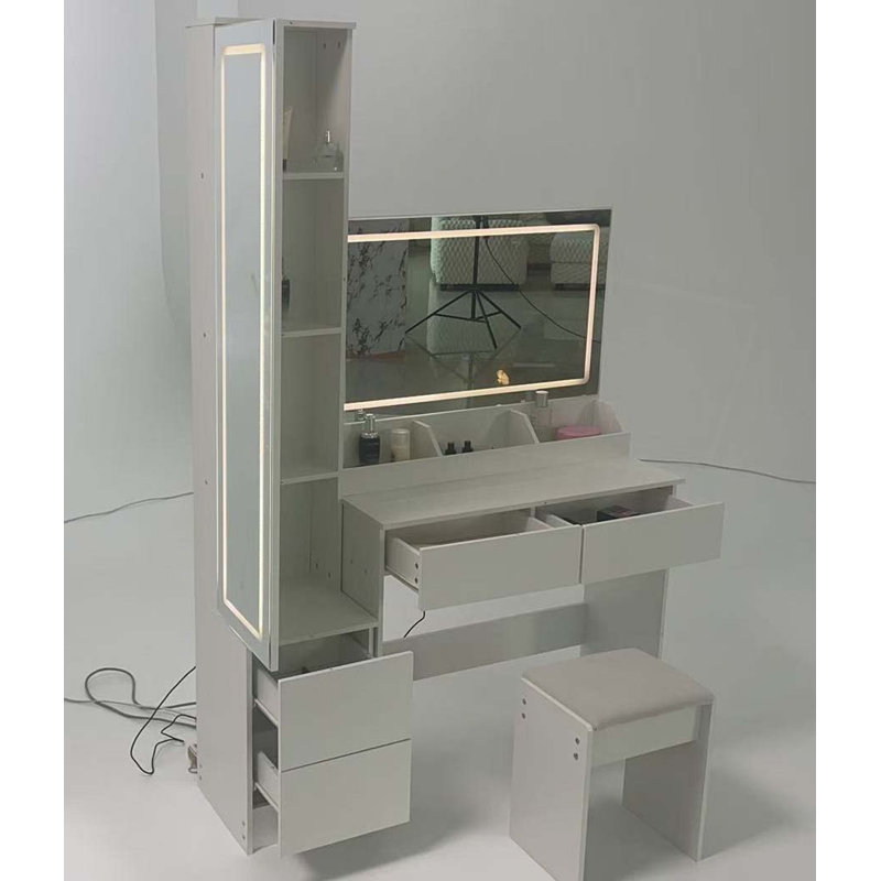 Très grand miroir de coiffeuse à DEL avec coiffeuse, tabouret matelassé avec miroir, double grand miroir à DEL, commande tactile, interrupteur à 3 couleurs, luminosité réglable, rangement multi-couches à grande capacité