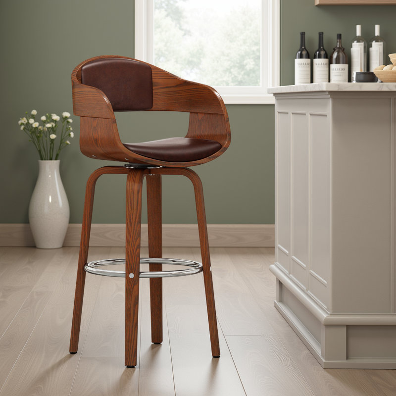 Mid-Century 30" Seat Height Swivel Bar Stool - Walnut Veneer & PU Leather, Chrome Footrest, Brown, Dark Brown