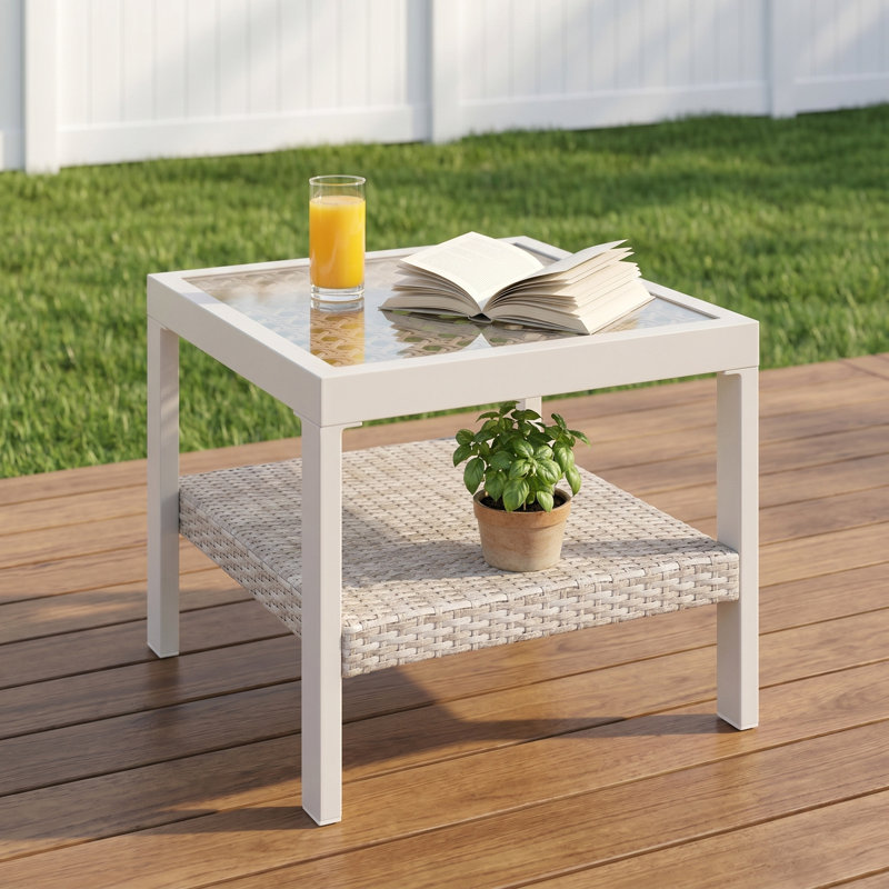 Glass Table - Outdoor Coffee Table With Tempered Glass Top And Steel Frame, Boho Modern Patio Table For Garden, Balcony, Backyard, Porch, Bone Color
