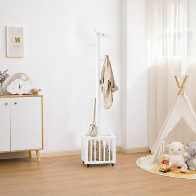 Kids Solid Wood Coat Rack with Wheels and Storage Basket, Adjustable Height Freestanding Clothes Rack with 6 Hooks, Deer Design for Bedroom Playroom