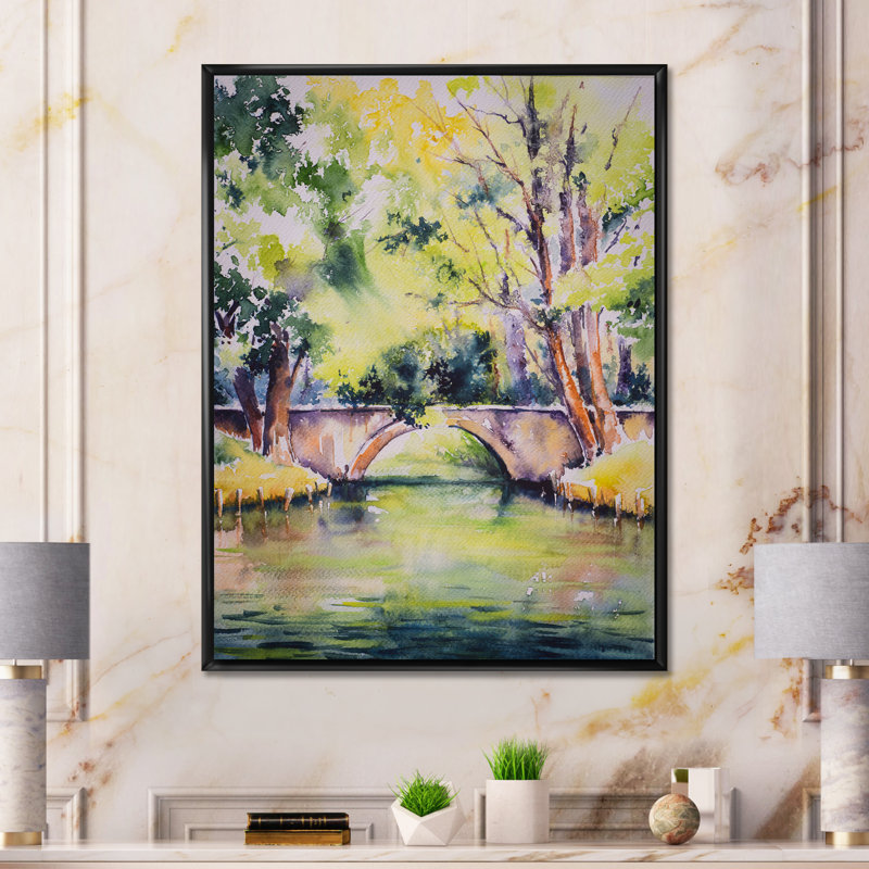 Pont sur la rivière dans un parc verdoyant - peinture sur toile, H 33 po x l 17 po, Cadre noir