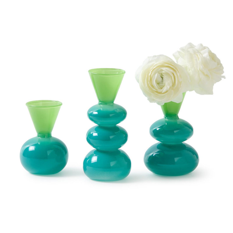 Verre Colorito, ensemble de 3 vases turquoise / vert comprenant 3 motifs