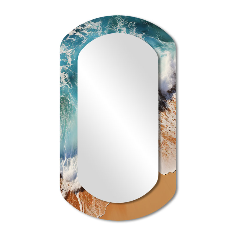 Miah Tropical beach vue aérienne III - Miroir mural asymétrique de plage, miroir décoratif cylindrique bleu, impression sur métal