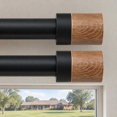 Each rod in this 2 Pack Boho Rustic Wood Curtain Rod set combines a Heavy-Duty 1 Inch Metal Pole with Black Wood-Grain Resin Finials; it adjusts 32-45 Inch, supports 30 lb and installs easily