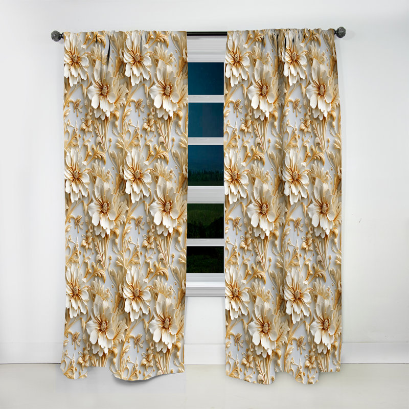 Gold And White Royal Flower Garden Serenity I - Bohemian Curtain - Velvet Room Darkening - 1 panel, 52" W x 84" L
