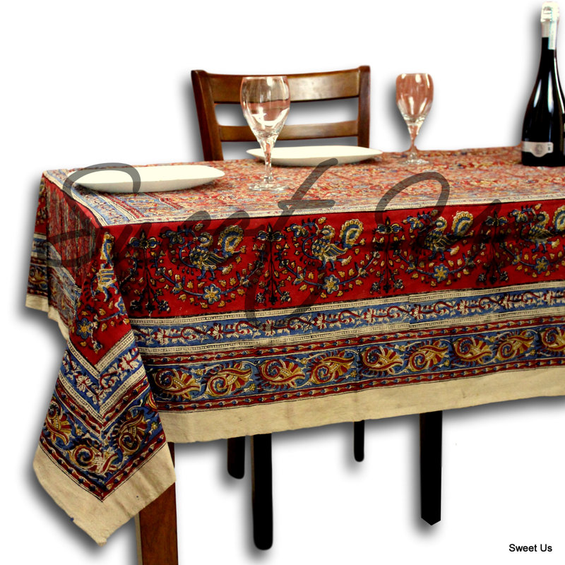Cotton Vegetable Dye Hand Block Print Tablecloth Rectangle Green Gold Beige, 104" L x 88" W, Red