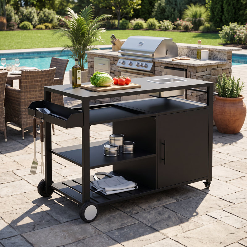 Chariot de barbecue extérieur avec seau à glace en acier inoxydable 304, table de bar robuste avec roues et poignée, station de préparation portable