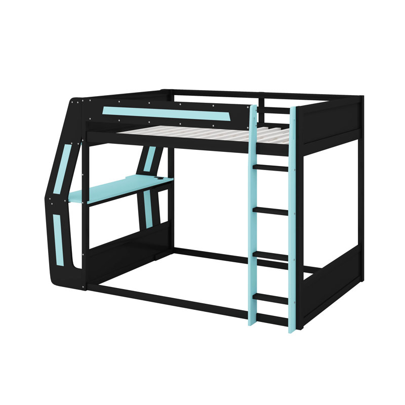 Lit superposé double pleine grandeur avec bureau RVB latéral et ports de charge USB, lit superposé en bois avec bande lumineuse à DEL