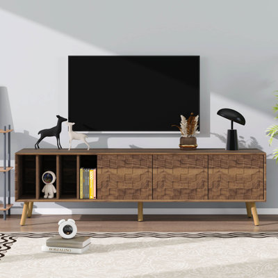 Meuble télé 70 po pour téléviseur de 80 po ou moins, meuble multimédia de style Mid-Century moderne, console multimédia avec 5 pieds en bois massif
