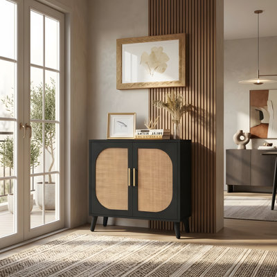 Buffet Cabinet with Storage, Accent Bathroom Floor Cabinet with Two Doors and 4 Compartments, Sideboard Cabinet with Solid Wood Feet for Hallway, Entry, Living Room, Black