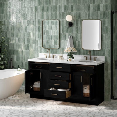 Ensemble de meuble-lavabo double en bois massif 66 po avec comptoir blanc 1,5 po Thornaby, lavabos ovales Thornaby