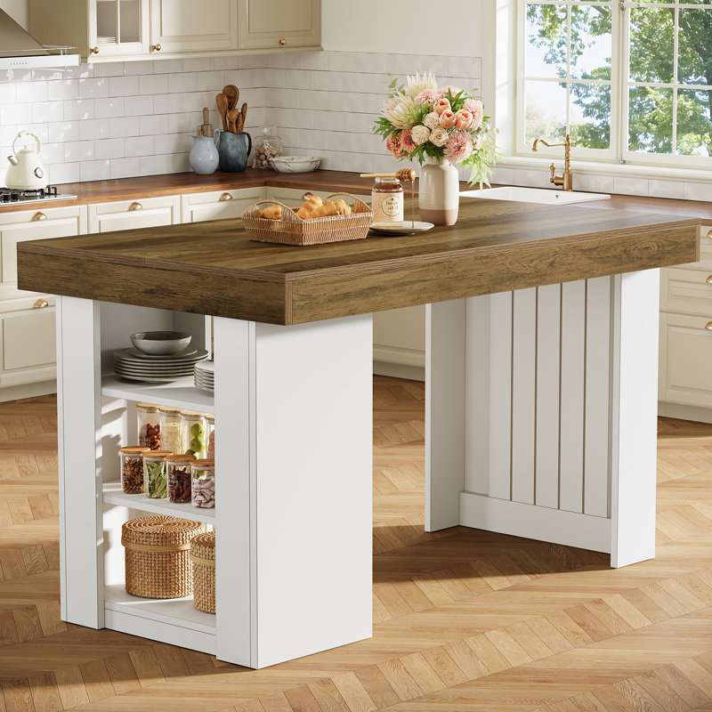 Table de îlot de cuisine de 55 pouces avec grand comptoir, table de bar à hauteur de comptoir pour cuisine, salle à manger, brun rustique et blanc