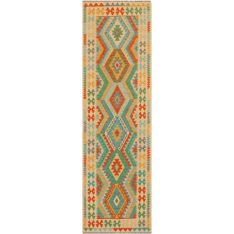 Tapis bleu / beige en laine noué à la main à motif géométrique 2 pi 9 po x 9 pi 7 po Cedora