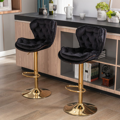 Set Of 2 Bar Stools,With Chrome Footrest And Base Swivel Height Adjustable Mechanical Lifting Velvet + Golden Leg Simple Bar Stool by Mercer41