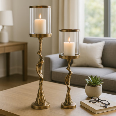 Modern Tall Sculptural Pillar Candle Holder for Decorative Tabletop Accent - Stylish Branch Inspired Candlestick Holder for Home Decor - Set of 2, 30", 21", Gold