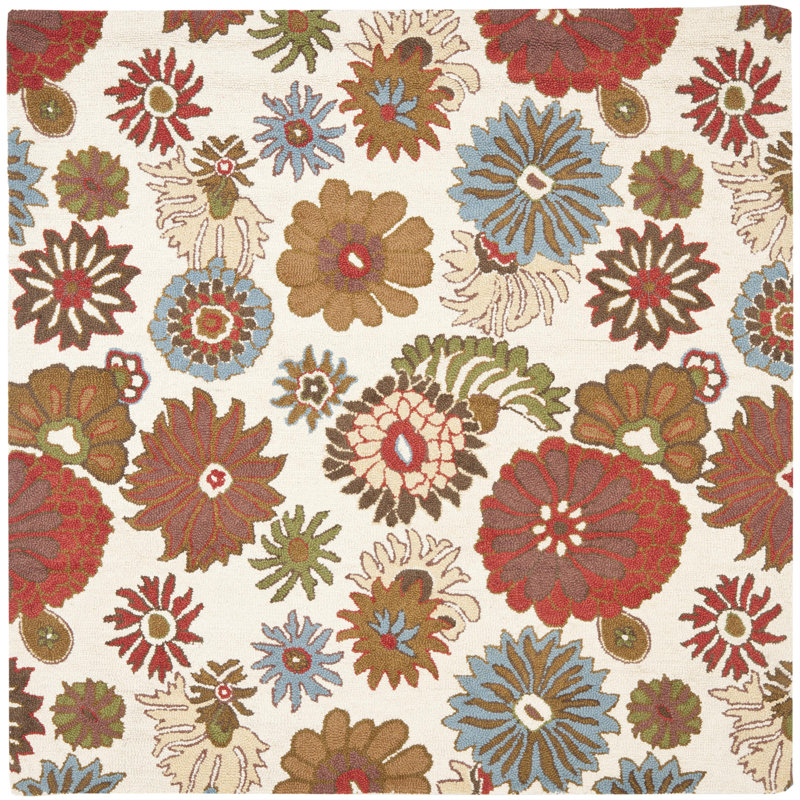 tapis de zone ivoire crocheté à la main floral Ross, Carré 6 pi